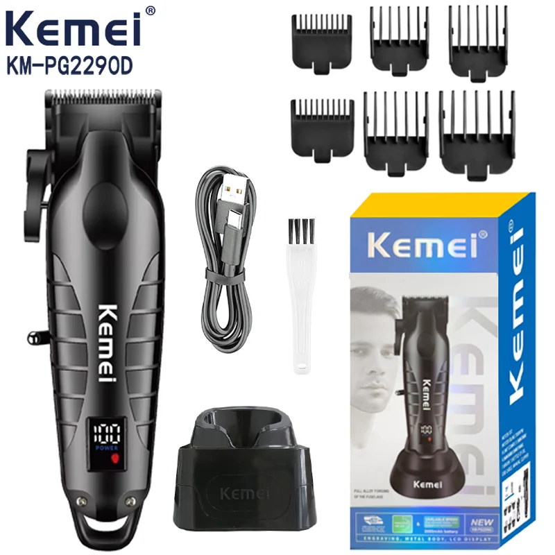 Kemei 2290D Professional Men's Hair Clipper Set Adjustable Hair Trimmer Beard with Base Rechargeable LCD Barber Shop