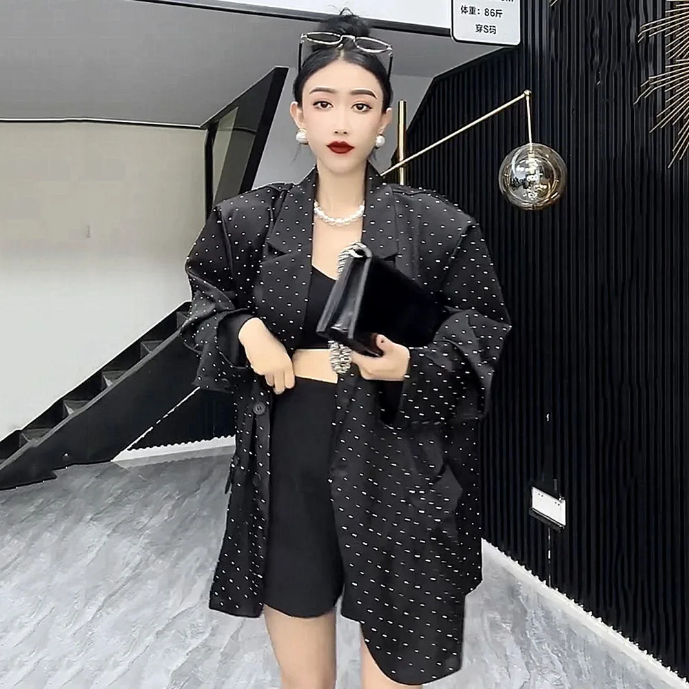 Spring Fashion Satin Blazers Women Chic Casual Long Sleeve Hot Diamond Loose Sunscreen Suit Coat Shoulder-padded Female Jacket