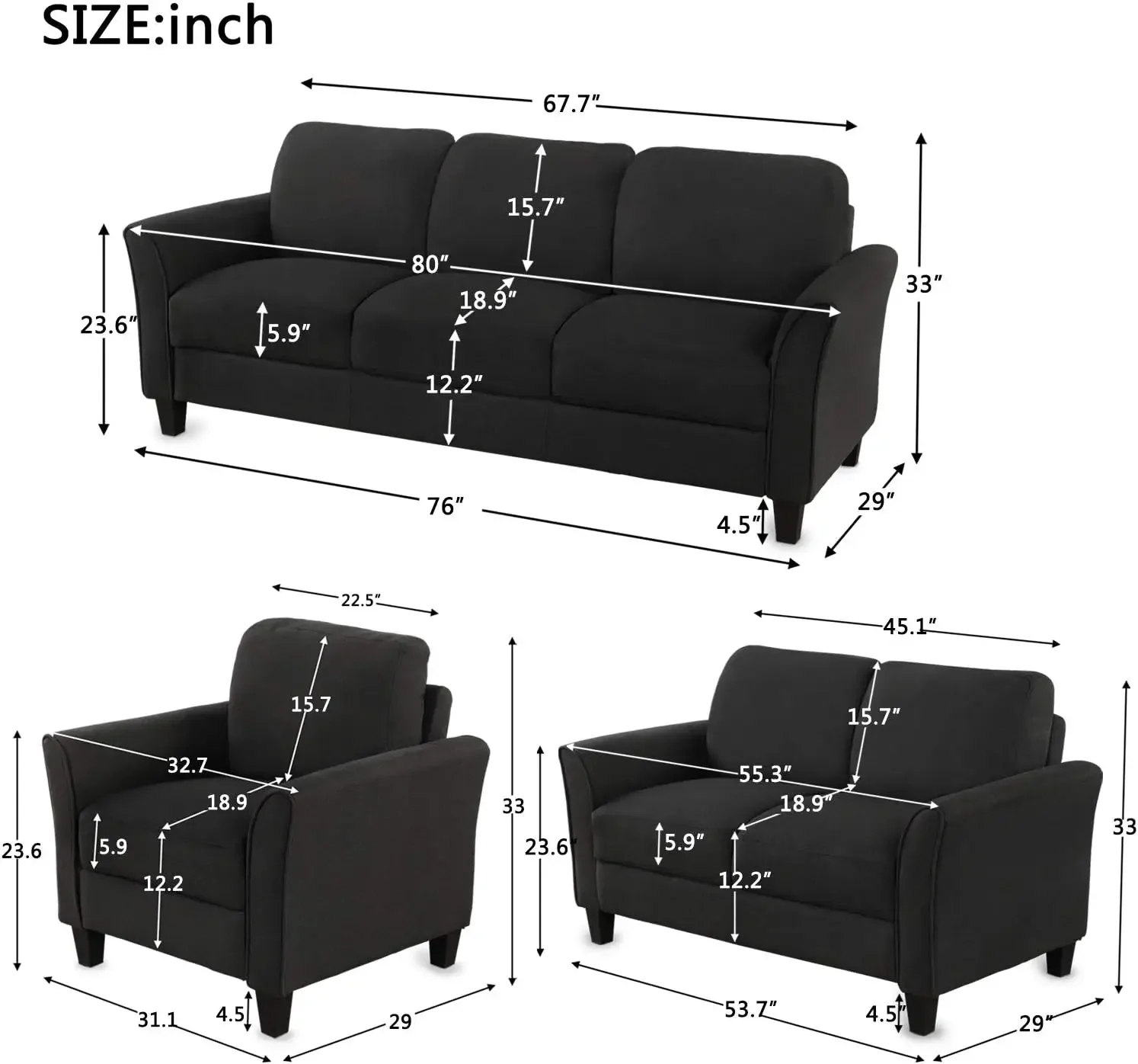 3 Piece Sectional Sofa Set, Living Room Furniture Set Sofa Couch Set Include Armchair Loveseat Couch Tufted Cushions