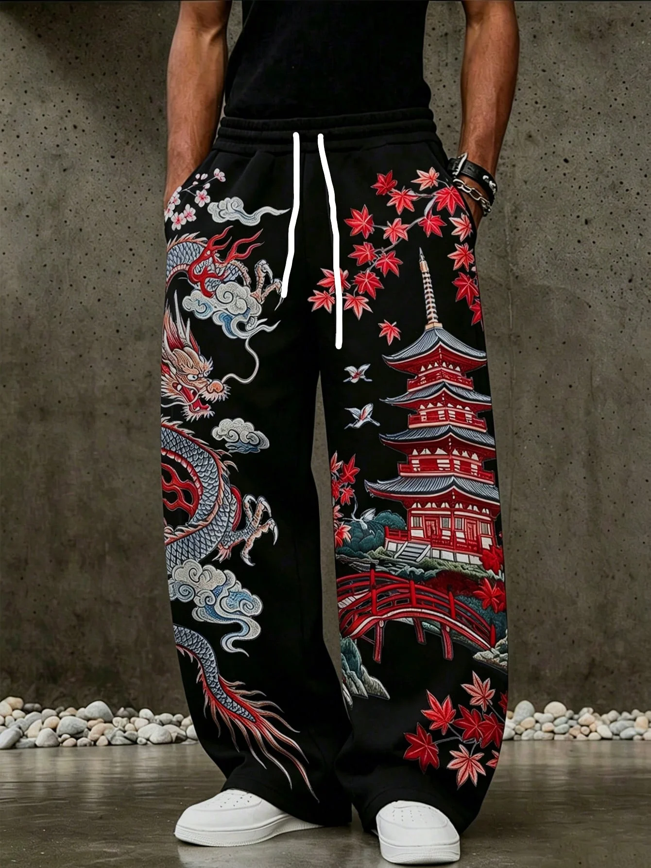 Harajuku Vintage Casual Bottoms Quick Dry Classic East Asian Dragon Red Leaf Pagoda Scenery Print Basic Training Jogginghose für Kinder