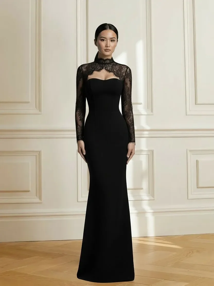 

Elegant High-neck Prom Gowns 2026 Women's Lace Black Party Evening Dress Floor-length Formal Occasion Dresses Customized