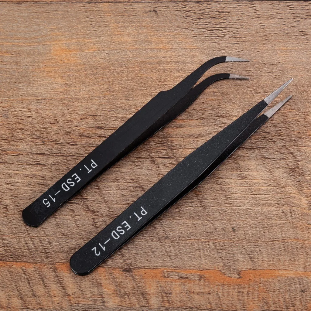 Conjunto de pinças para arte em unhas, 2 peças, unhas retas e curvas, selecionador de strass, aço inoxidável, antiestático, ferramentas de maquiagem grossas