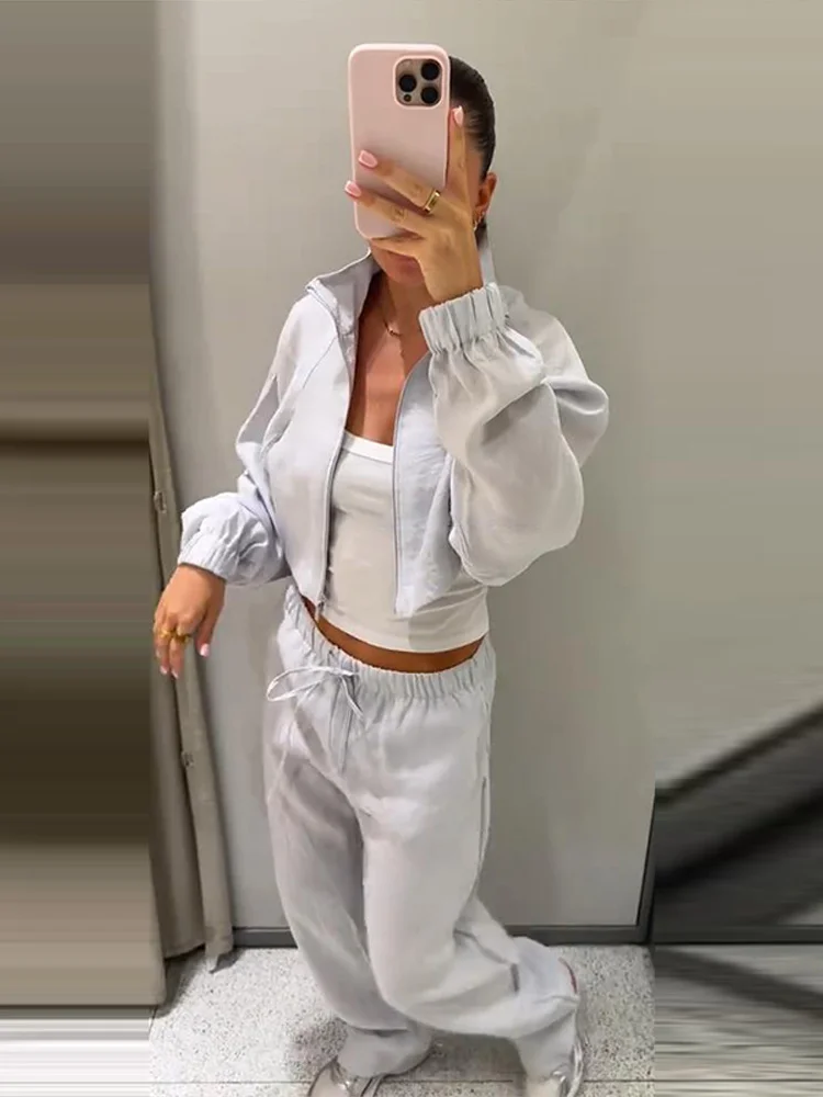 Damen-Hosenanzug 2-teilig mit Stehkragen, Laternenärmeln, Kurzmantel und Weiten Hosen, Modische Streetwear für Damen, Neu – Detail 18