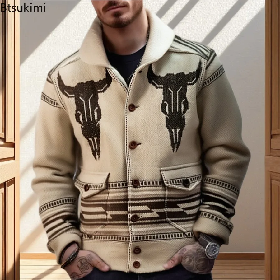 2025 Men's Long Sleeve Knitted Sweaters Autumn Winter Vintage Jacquard Lapel Button-up Cardigan Men Knitwear Casual Sweater Coat