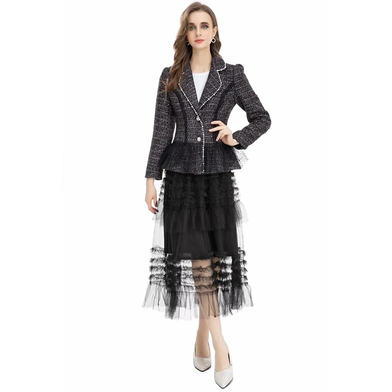 

Gedivoen Fashion Runway Autumn Winter Office Skirts Set Women Notched Lace Grey Blazer Coat and Balck Mesh Skirts 2 Pieces Suit