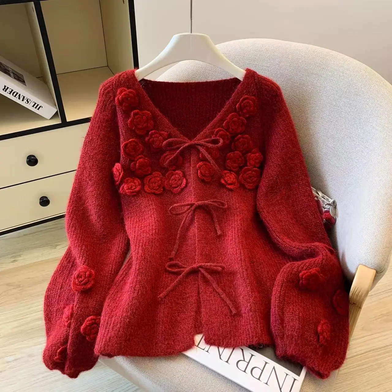 

2025 Autumn Winter Trendy V-neck 3D Flowers Long Sleeve Sweaters For Women Casual Knitted Loose Cardigan Tops F288