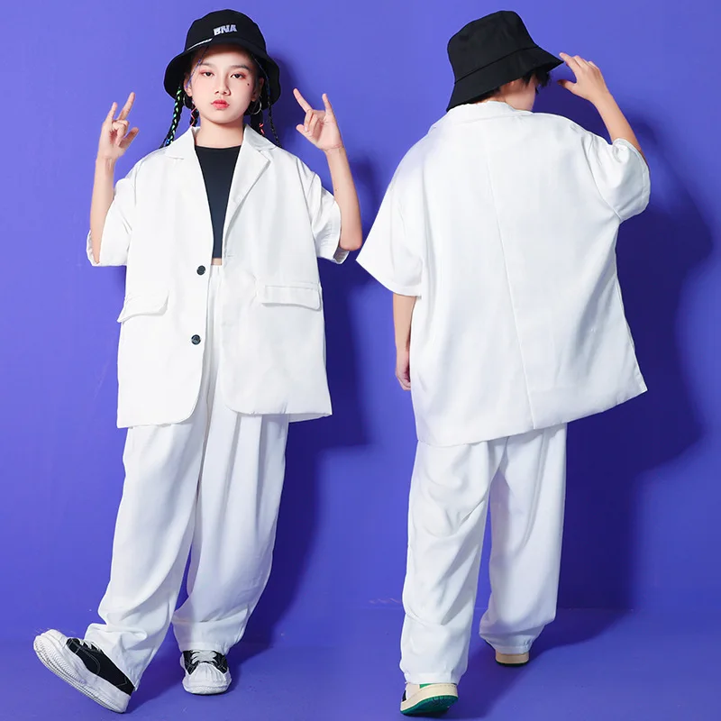

Girls Hip Hop Dance Costume Children Suit White Top White Pants for Kids Boys Jazz Street Performance Clothes