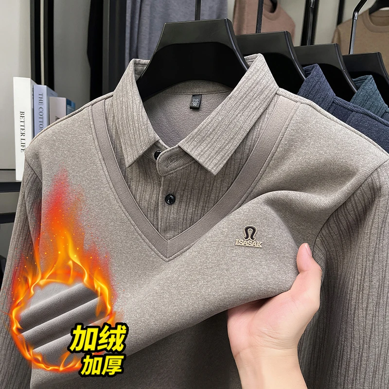 

Winter Long Sleeved and Plush Thick Middle-aged Men's Warm Shirt, Fake Two-piece Top