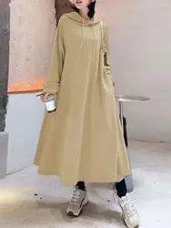 ZANZEA Women Winter Hoodies Long Sleeve A-Line Maxi Sundress Casual Hooded Pullover Vestido Oversized Autumn Sweatshirt Dress