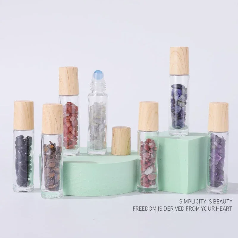 

10pcs Natural Gemstone Essential Oil Roll On Bottles Glass Perfume Roller Bottle with Crystal Chip Travel Refillable Bottle 10ml