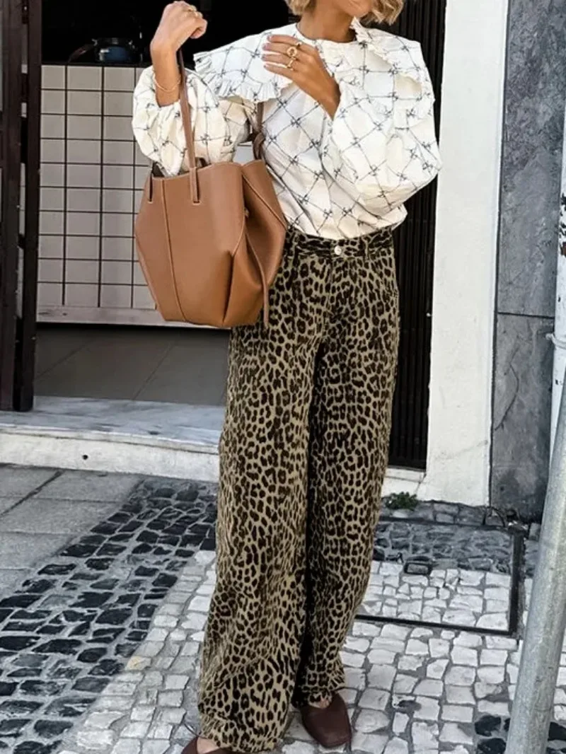Cotton leopard print slim fit pencil casual pants 2025 New European and American spring fashionable cross-border pants for women
