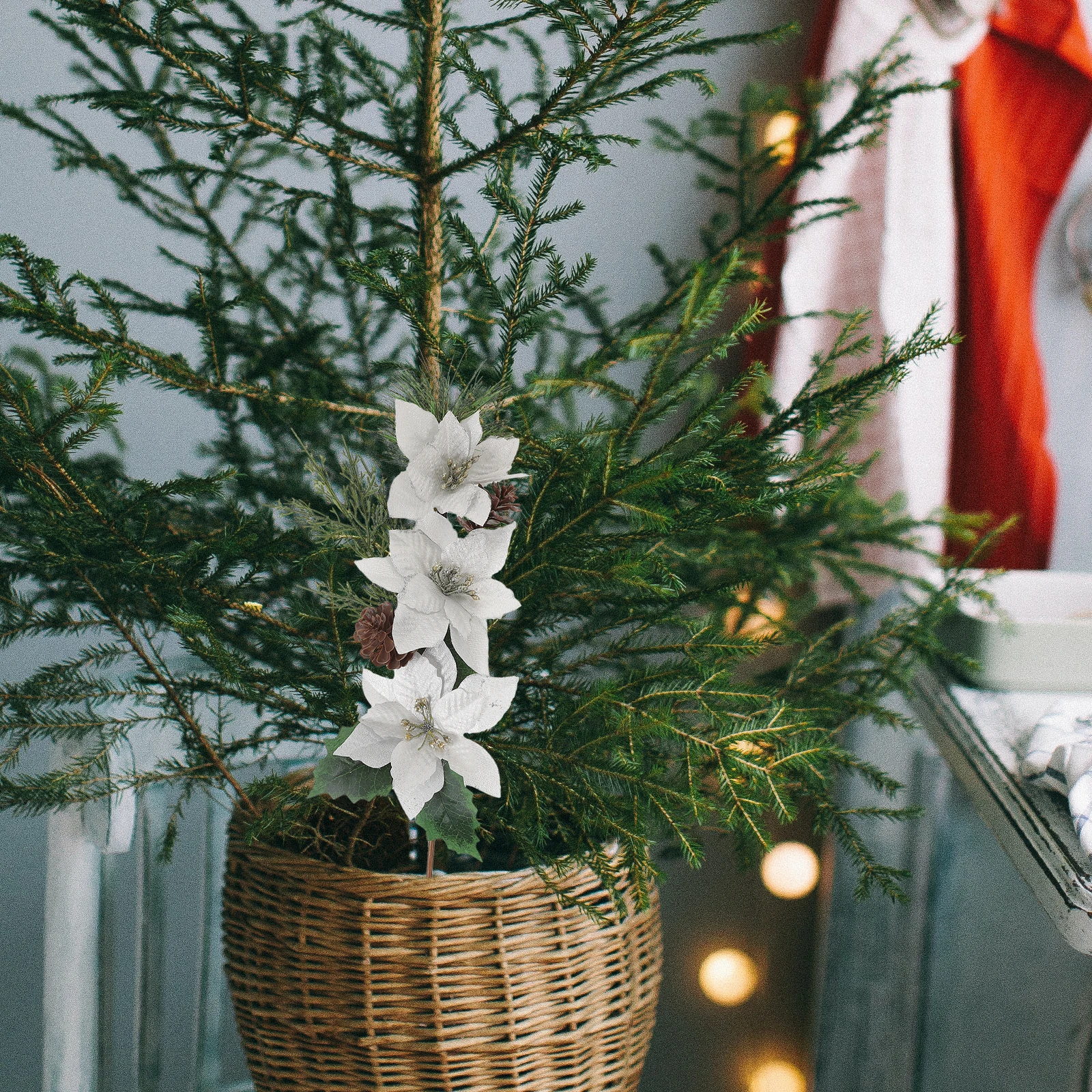 

2Pcs Xmas Poinsettia Stems Artificial Christmas Floral Picks Tree Branches Decorations Party DIY Flowers Xmas Poinsettia Stems