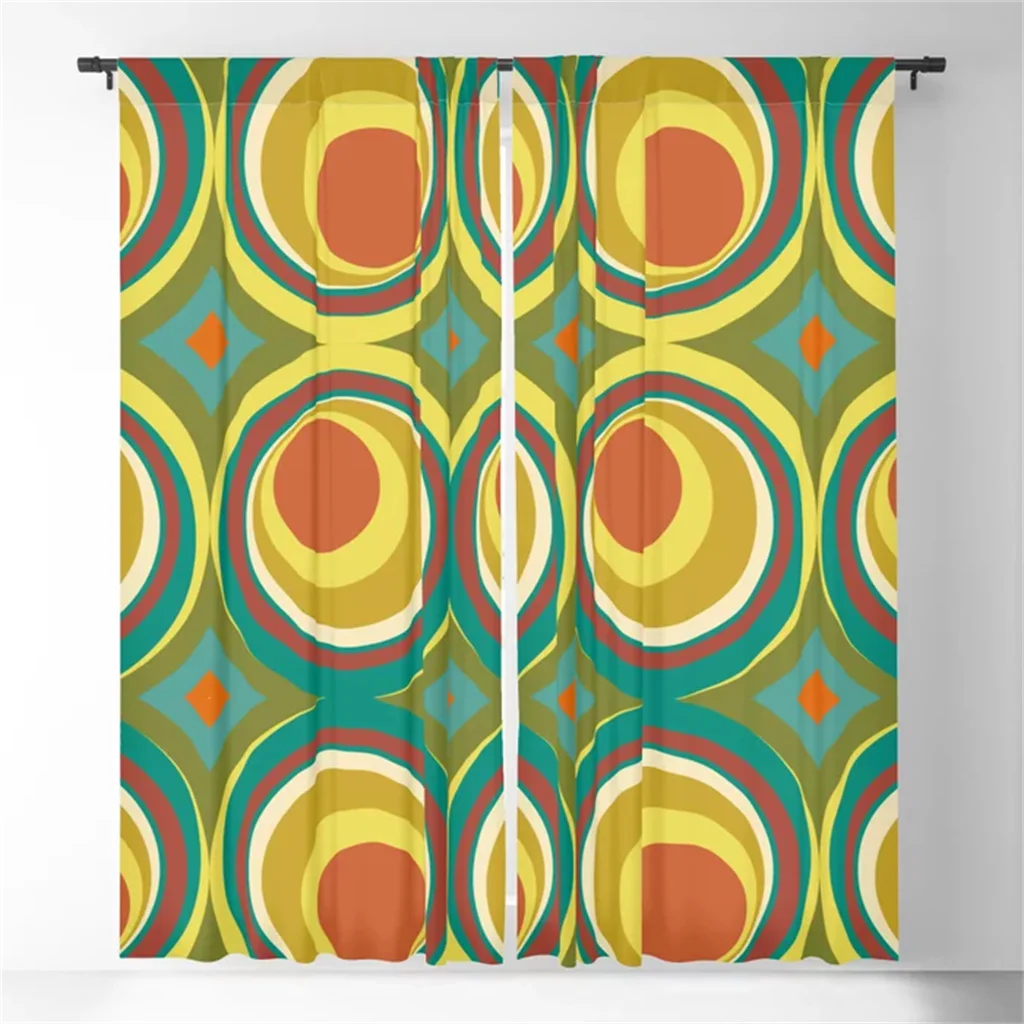 Orange Mid-Century Modern Circle Blackout Curtains 3D Print Window Curtains for Bedroom Living Room Decor Window Treatments