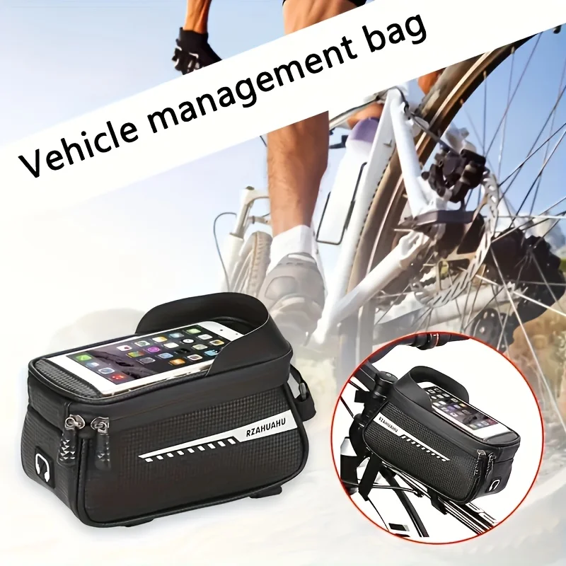 Fashionable Black Bicycle Phone Holder Bag - Made of Durable EVA Material, Featuring an Adjustable Shoulder Strap And Rain Cover - view 2