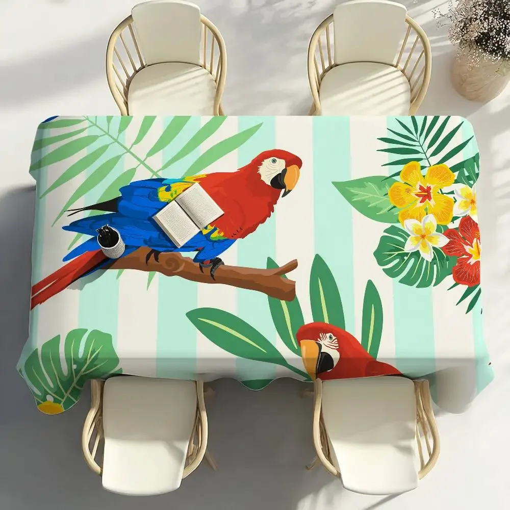 Tropical Parrots Flowers Palm Leaves Table Cloth Party Decor Dining Room Home Kitchen Patios Waterproof Stain-Proof Table Cloth