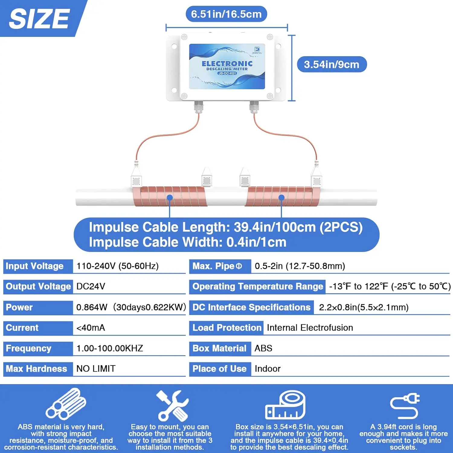 Water Descaler System, Alternative Chemical and Salt Free Water Softener Systems Whole House, Prevents Scale Build-up in Pipe, 3