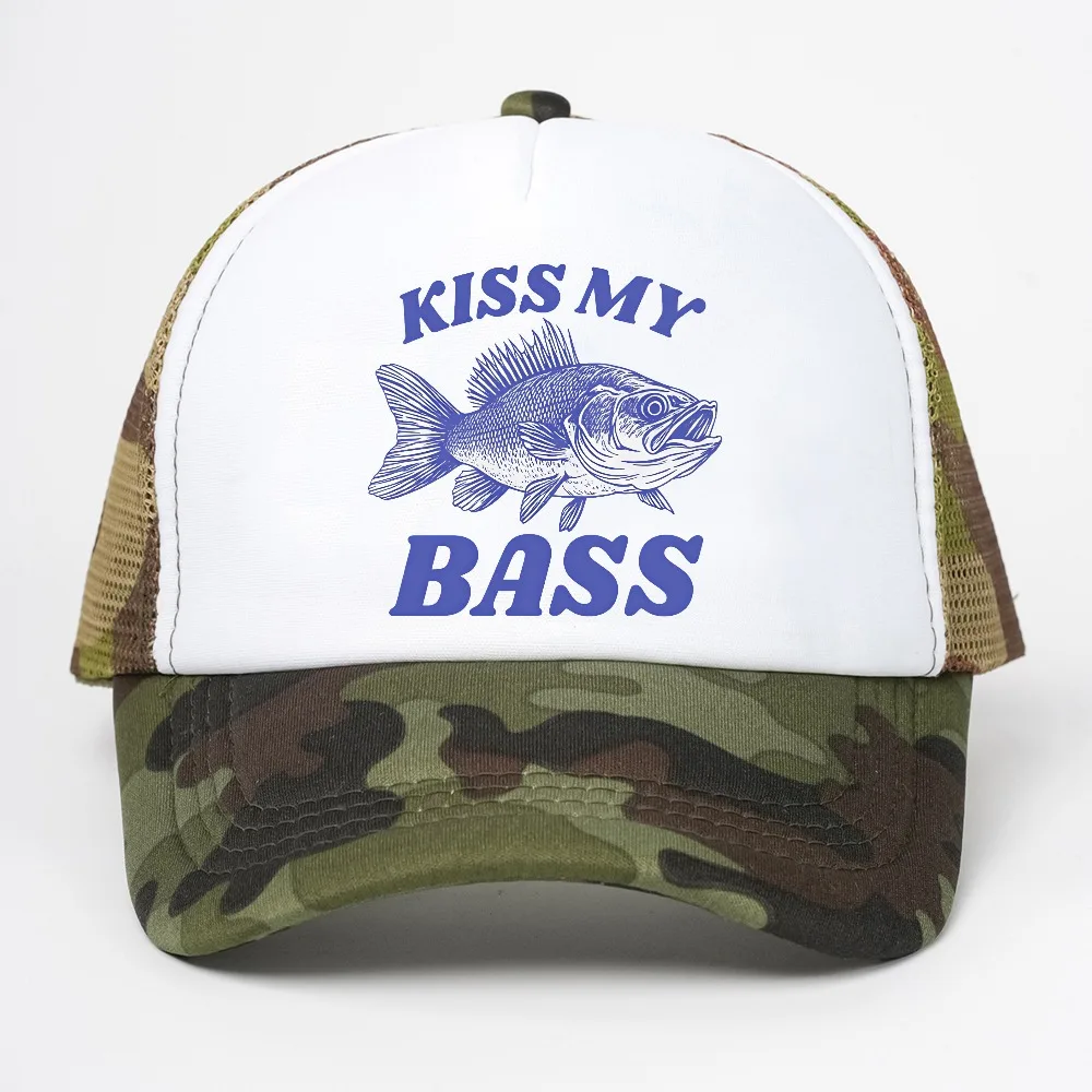 Fishing hat Kiss My Bass baseball cap Funny Men Dad Grandpa Fishing visor Trucker Hat Outdoor Adjustable mesh breathable caps