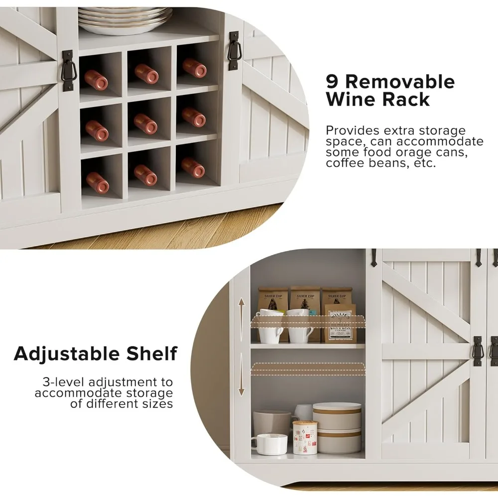 57 بار قهوة، خزانة بار قهوة المزرعة مع مساحة تخزين من 3 طبقات، خزانة مطبخ طويلة مع 8 خطافات و9 رفوف نبيذ،