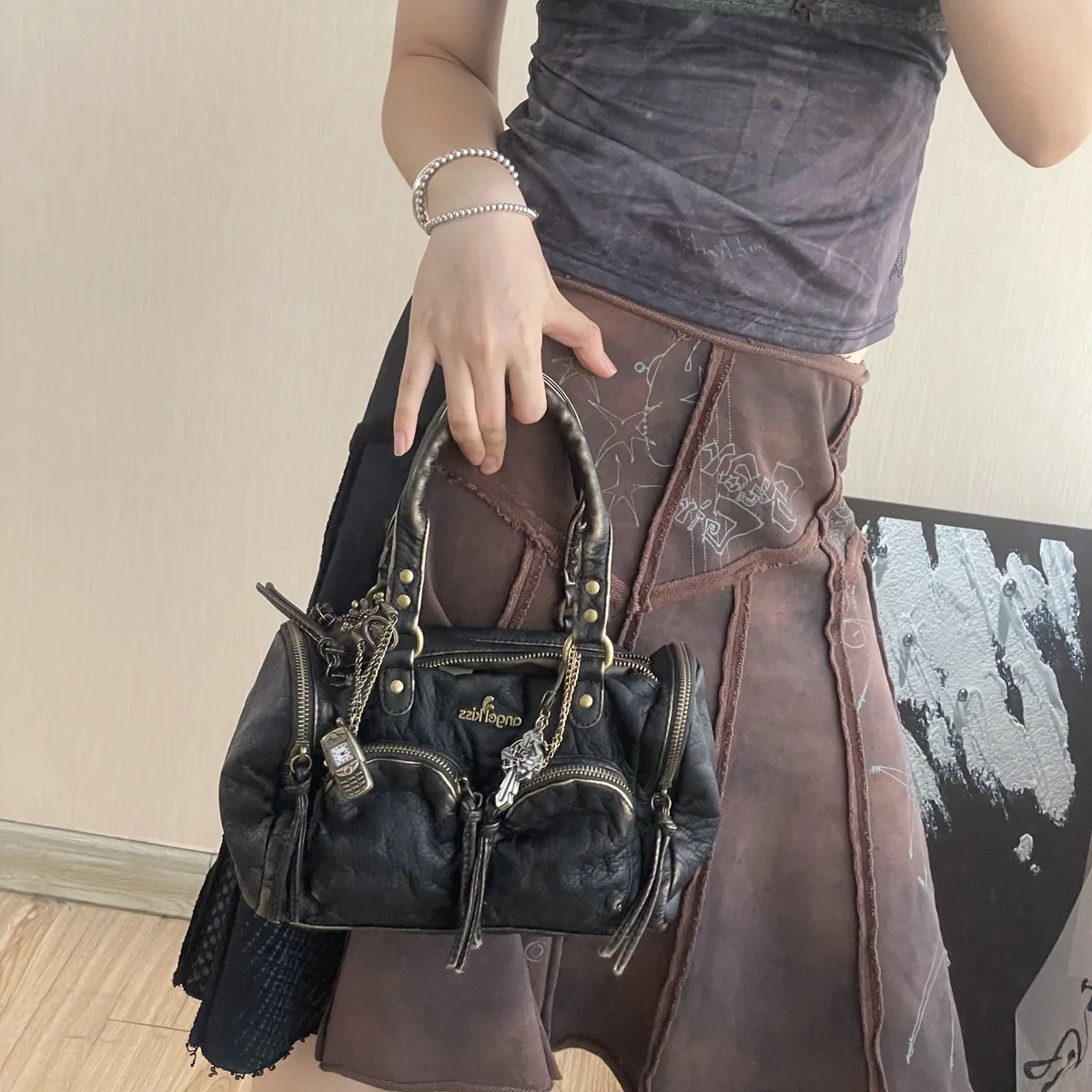 Angel kiss Handbag Women Small Boston Bag Satchel Top-handle PU Shoulder Bag Vintage Dumpling Pack Multi-pockets Shoulder Bags