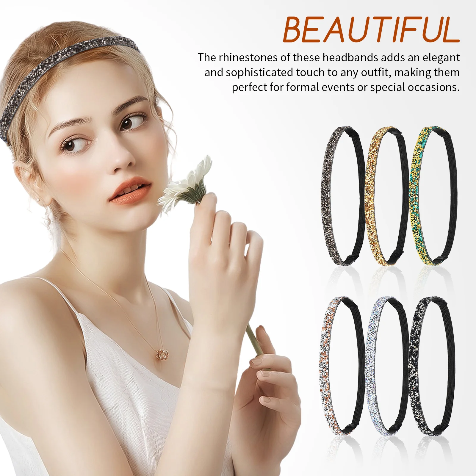 

6 pcs Glitter Headbands Elastic Bands Women Sparkly Rhinestone Headband Lady Party Wedding Headdress Festival Hair Hoops