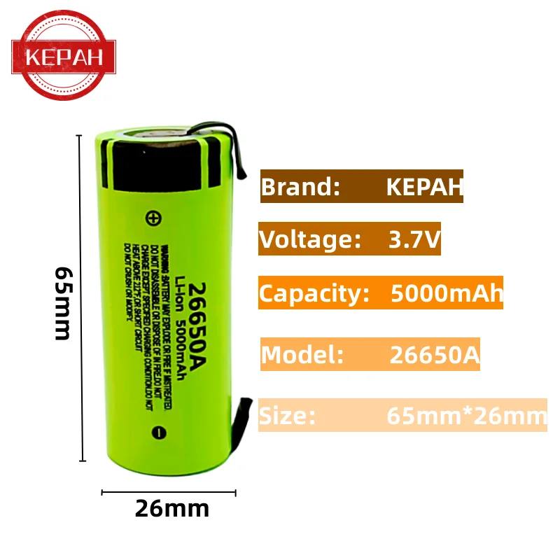 100% Original 26650A 3.7V 5000mAh Large Capacity 26650 Lithium Ion Rechargeable Battery +with DIY Nickel Sheet