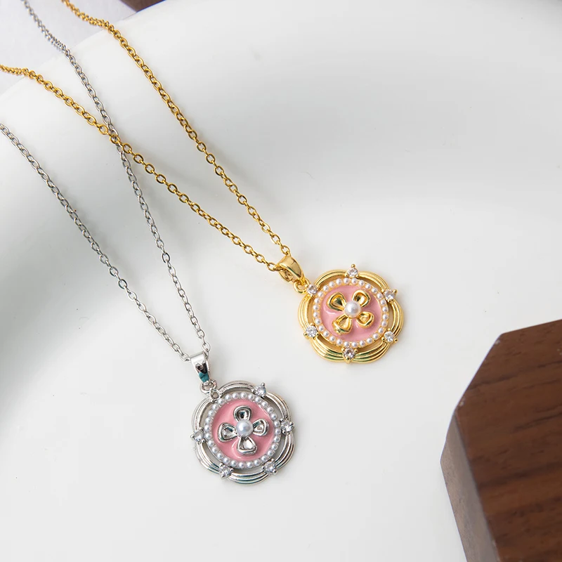 ANENJERY 316L Stainless Steel Colorful Drop Oil Flower Heart Necklace for Women Girls Vintage French Delicate Jewelry Gifts
