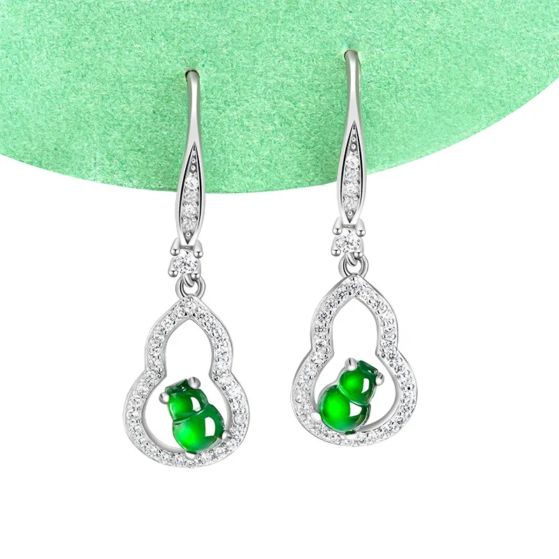 

S Green Myanmar Jadeite Gourd Earrings Vintage Talismans Stone Designer Luxury Emerald Energy 925 Silver Charm Amulet