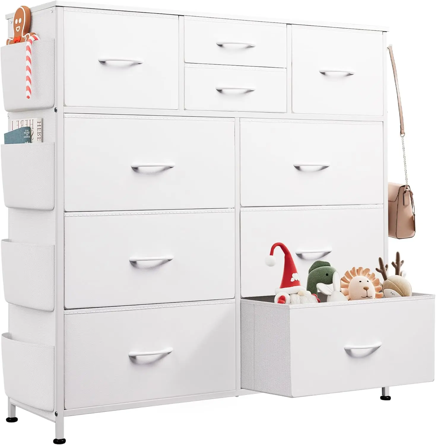 White Dresser for Bedroom with 10 Drawers, Chest of Drawers with Side Pockets and Hooks, PU Storage Dresser, Sturdy Metal Frame,