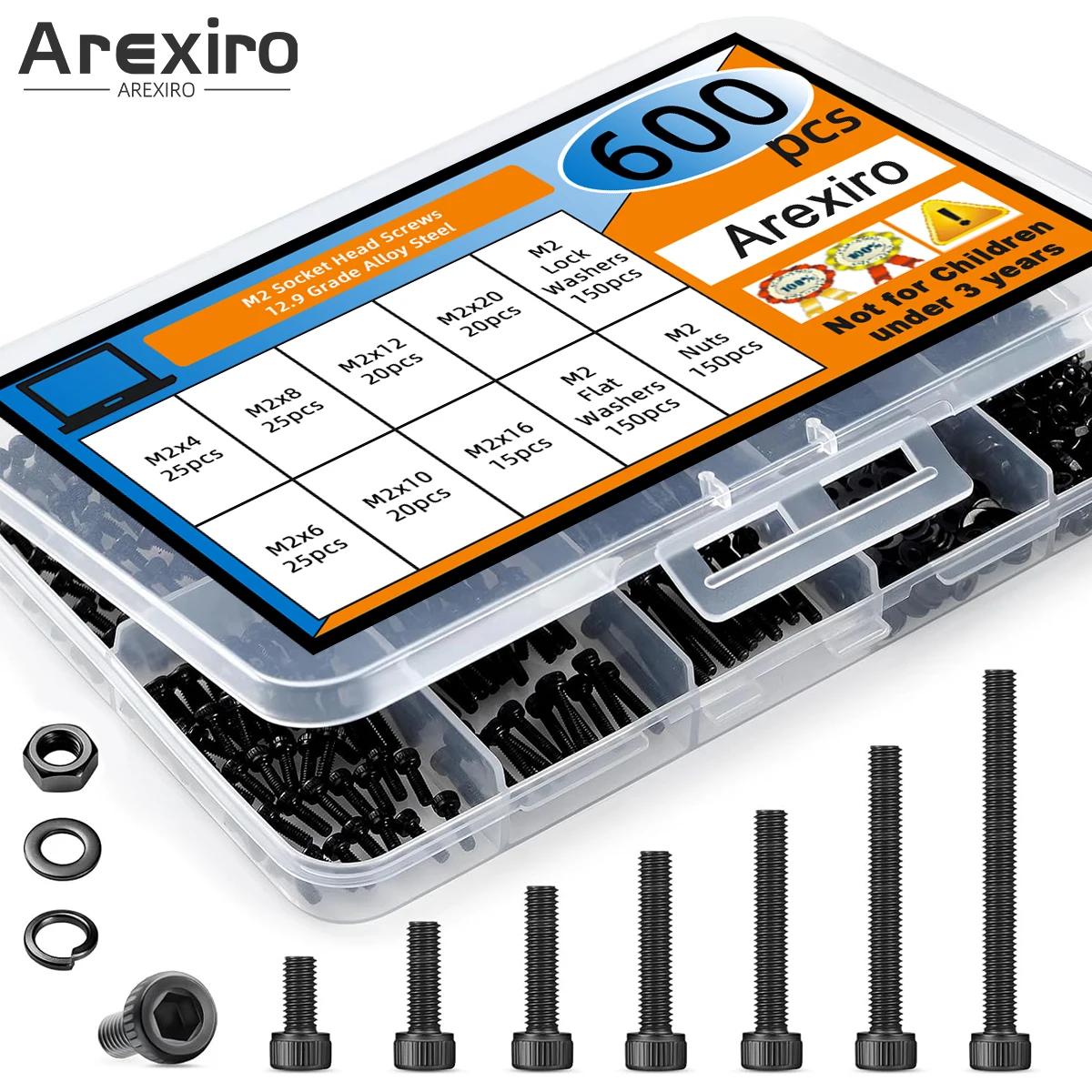 

600Pcs M2 12.9 Grade Alloy Steel Screw Kit Black M2 Screws in 7 Sizes Hexagonal Socket Head Cover Small Metric Bolt Nut