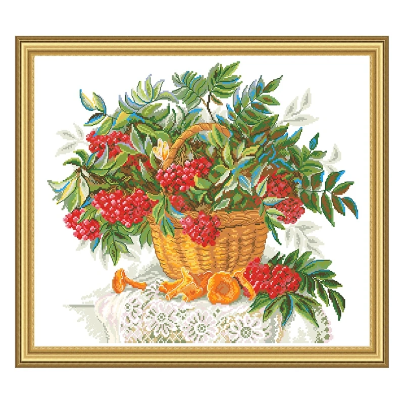 Cross Stitch Kit a Basket of Red Berry Flowers 28ct 18ct 14ct 11ct can be Customized Printed Cloth hand Embroidery Material Pack