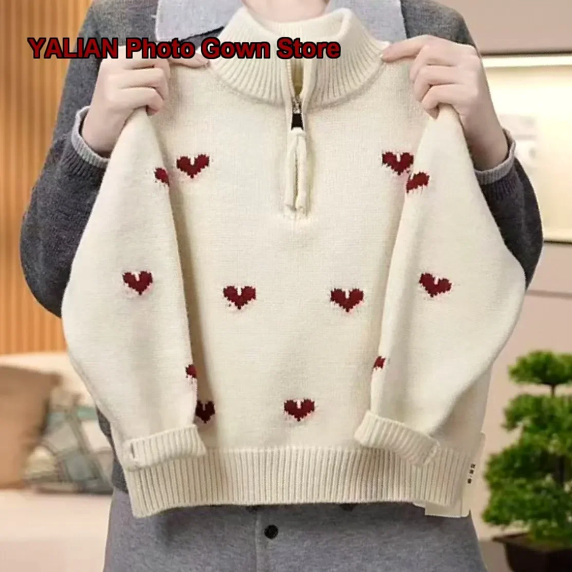 Girls Pullover Sweater Autumn Winter Knit Top Heart Pattern Loose Fit Elegant New Year Parent-Child Outfit
