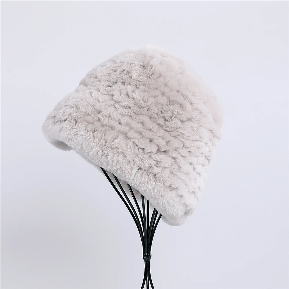 Luxury Women\'s Winter Genuine Rex Rabbit Fur Knitted Hat Bucket Caps Hats Fluffy Warm Beanies Lady Fashion Accessory