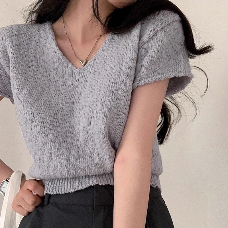 

Slim Fit ort Sve V-Ne вязаный топ однотонный тонкий летний новый поступление универсальная повседневная одежда для молодых женщин