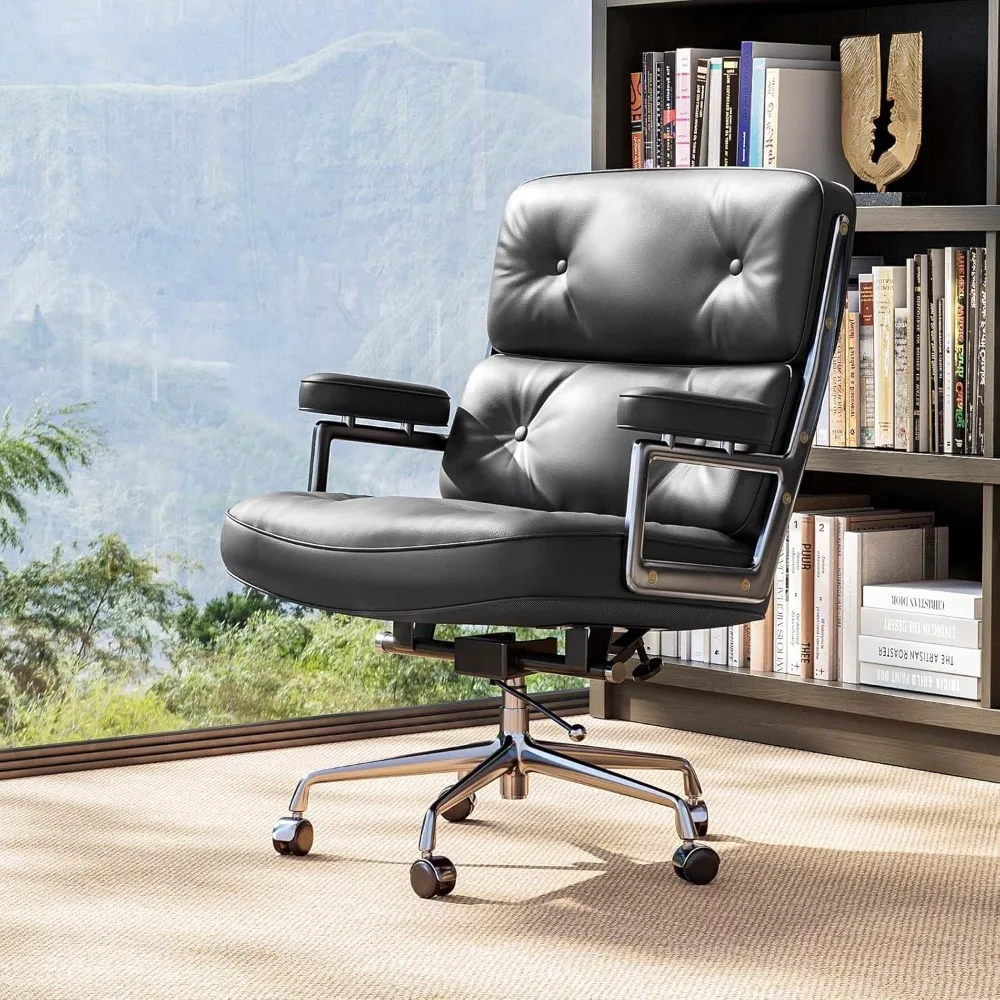 

ergonomic mid-back desk chair with padded leatherette seat and aluminum arms on 5-star base