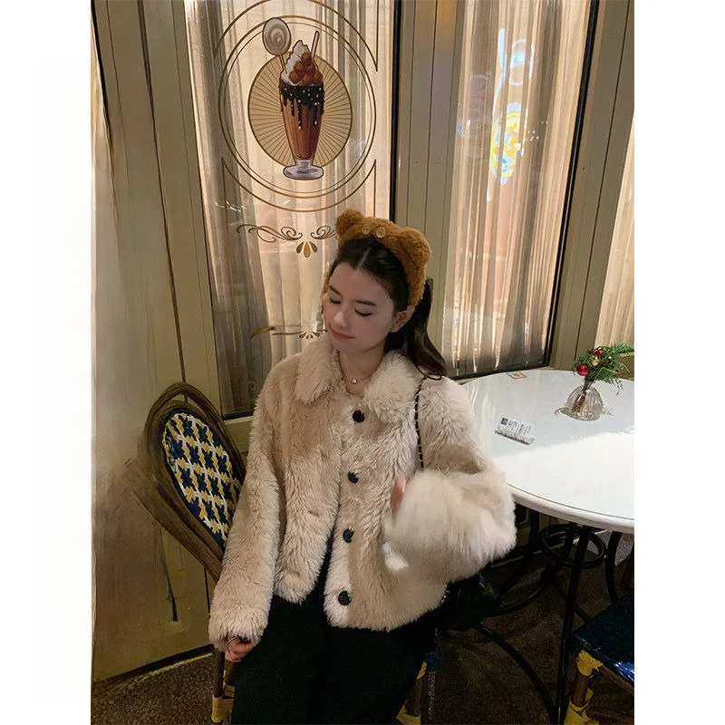 

00 Wool ort Lamb Fur Jaet Women's Winter Small Collar Warmth Youth Commute Sle Long Sve No Hat eepskin Coat