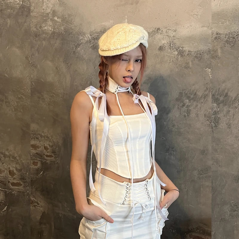 

Vest Short Sling White Corset Pure Cotton Women's Midriff Solid Color Top Simple Retro Fashion Versatile Spring Autumn Summer1Pc