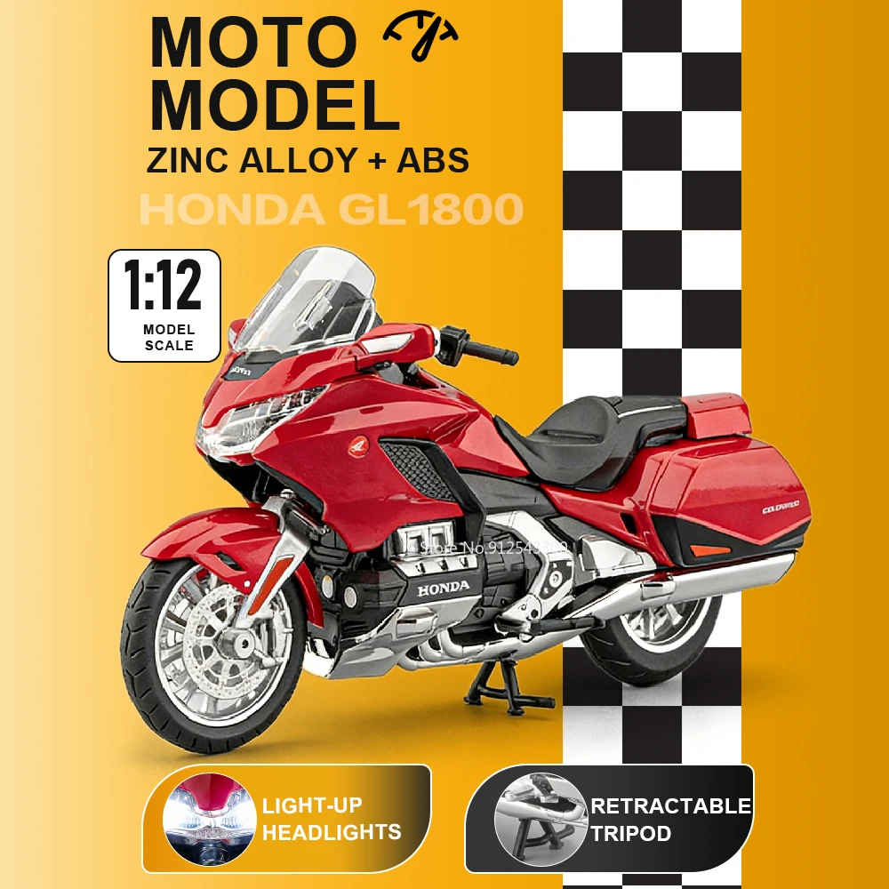 

Модель мотоцикла Honda Gold Wing GL1800 в масштабе 1:12, с музыкой, светом, подвижным рулем и амортизацией, подарок для друга