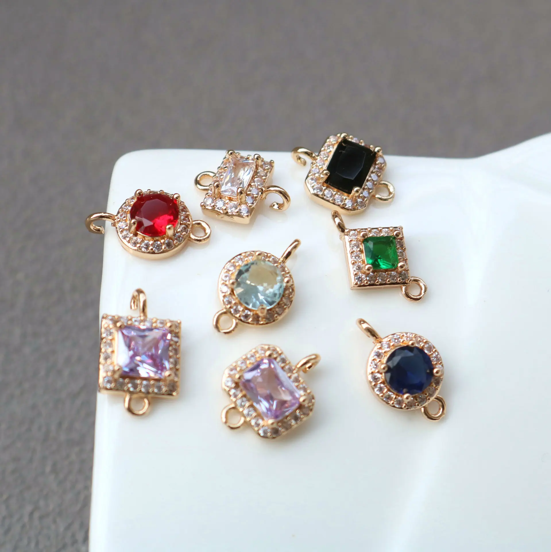 20pcs/ Bag Fashion micro inlaid zircon round rectangular square double ring connector DIY earrings bracelet making accessories