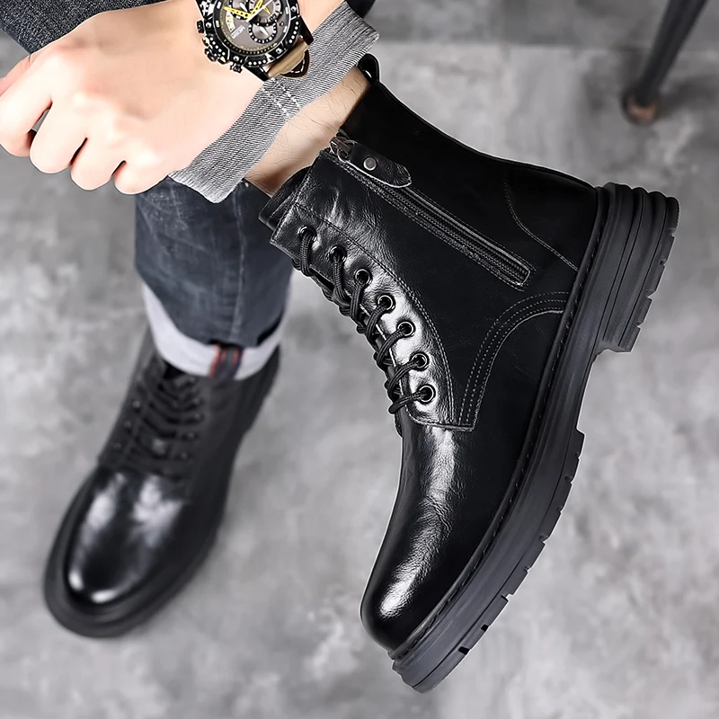 High Quality Brand Men\'s Leather Casual Shoes Outdoor Workwear Shoes Thick Soled Wear-resistant Men\'s Motorcycle Boots Handsome