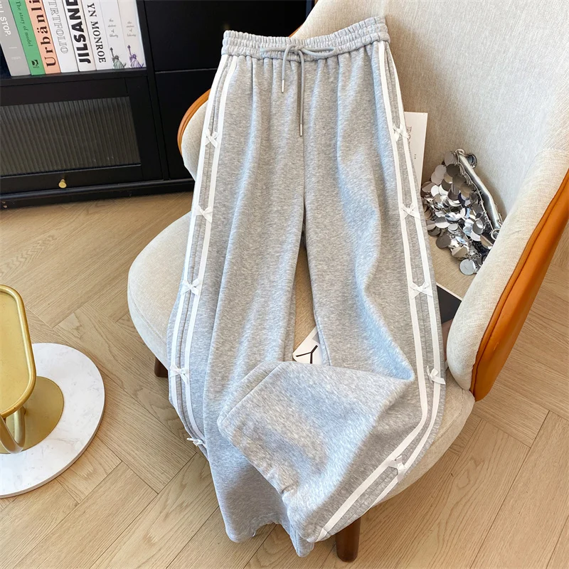 Bomon Fashion Korean Version Y2K Plus Size Women's Clothing Bow Students Elastic Waist New Sweet Casual Pants Loose Sweatpants