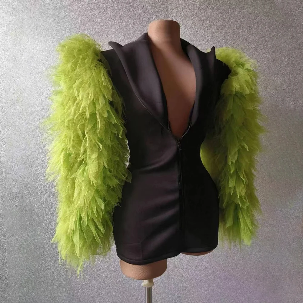 

Women Sexy Green Black Big Mesh Sleeves Jacket Singer Dancer Dress Jazz Dance Costume Performance Show Stage Photoshoot Wear