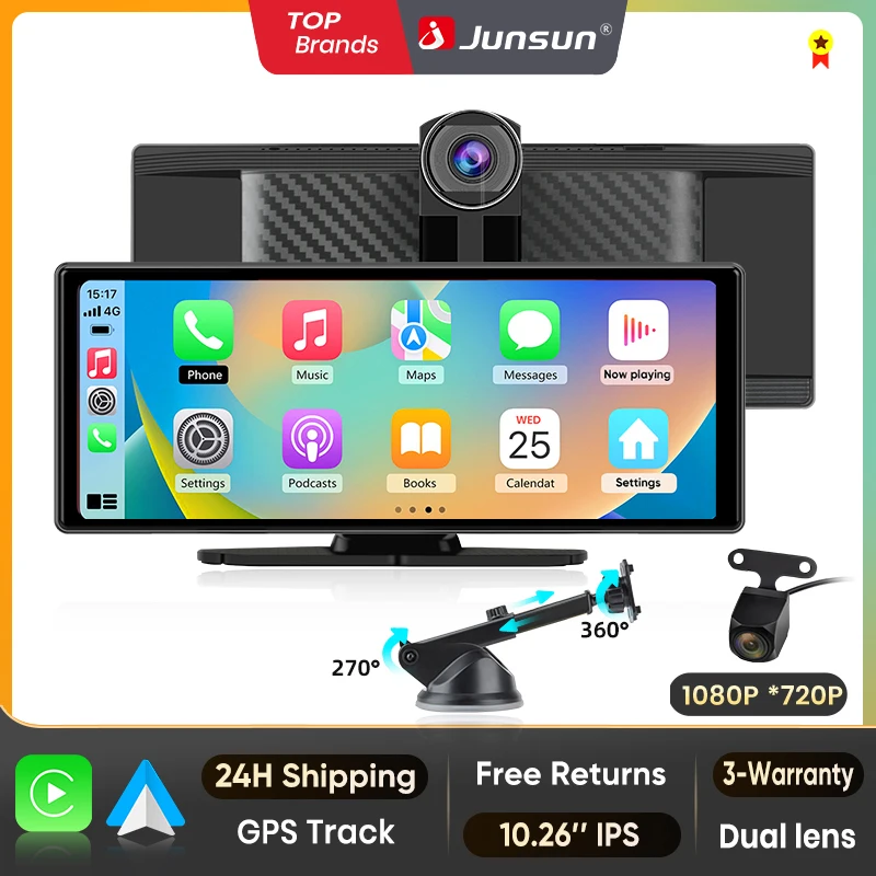 Junsun 10.26 "voiture DVR 4K caméra sans fil CarPlay Android Auto Ai écran Dash Cam tableau de bord double objectif enregistreur vidéo GPS FM AUX