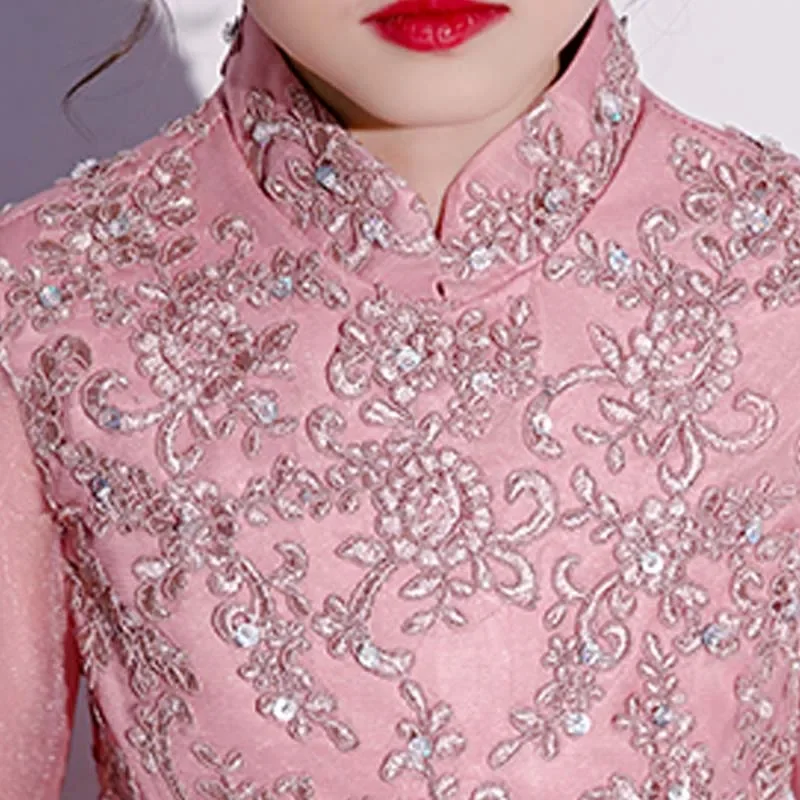 It's Yiiya Customized Flower Girl Dress Pink Tulle High Neck Appliques Beads 3/4 Sleeves Floor-Length Kids Party Girl Gown A2348