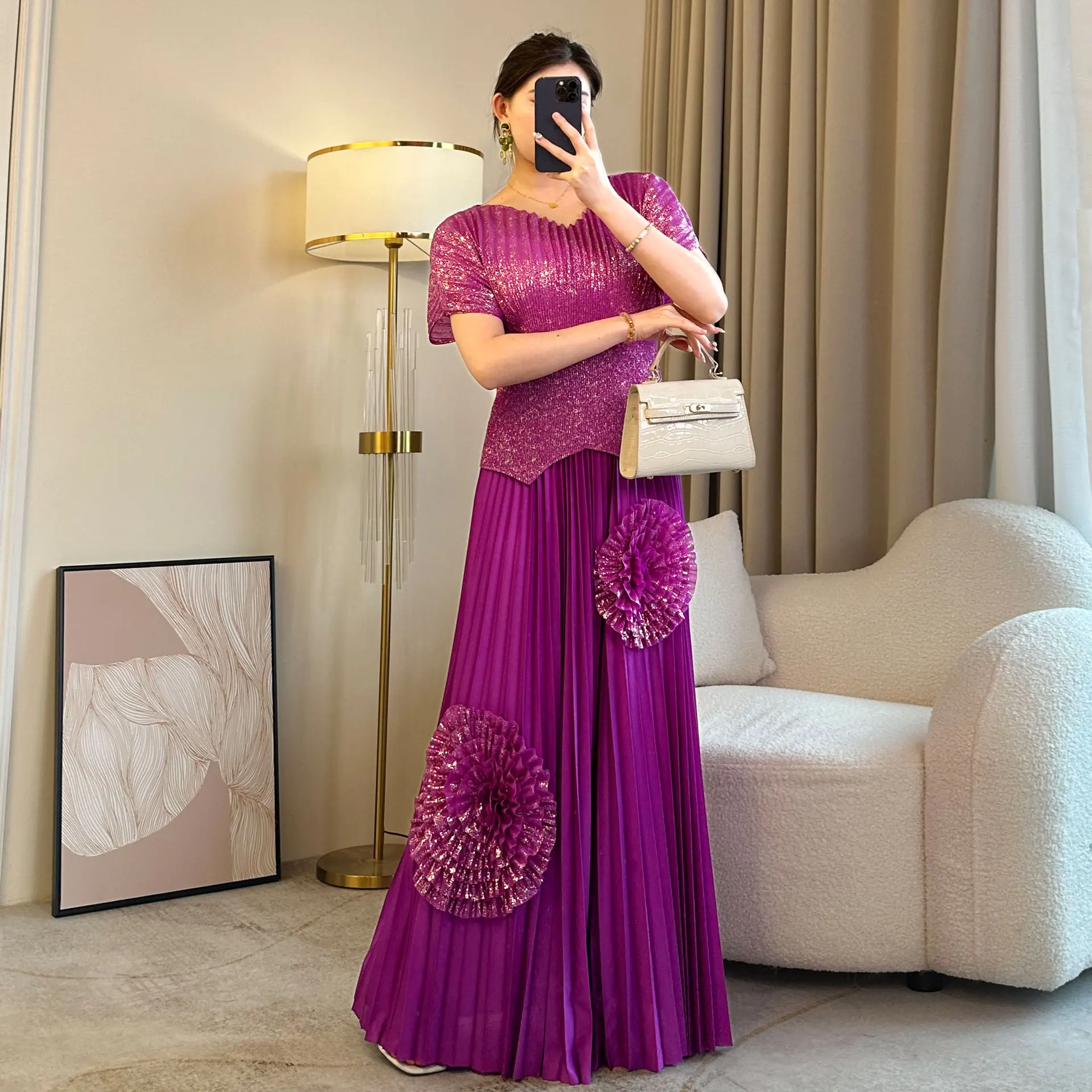 

Miyake Pleated Suit for Women 2025 New Elegant Loose and Luxurious Top + Heavy Industry Nailed Flower Skirt Two-piece Set