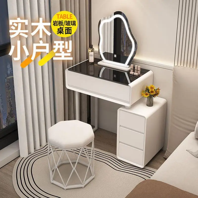 Solid Wood Dressing Table, French Cream Style Bedroom, Modern and Simple Rock Panel Dressing Table, Glass Dressing Table