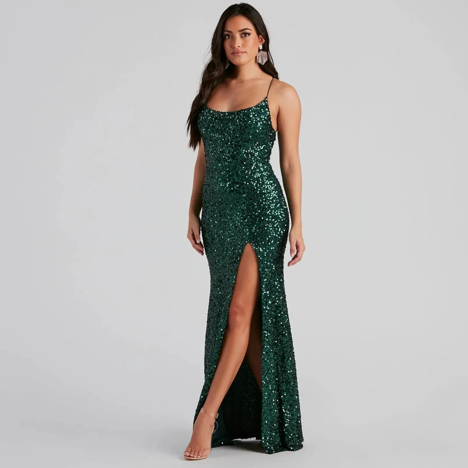 Dark Green Long Mermaid Sequined Evening Dress Spaghetti Straps 2024 Backless Sexy Prom Gowns For Wedding Party Dropshipping