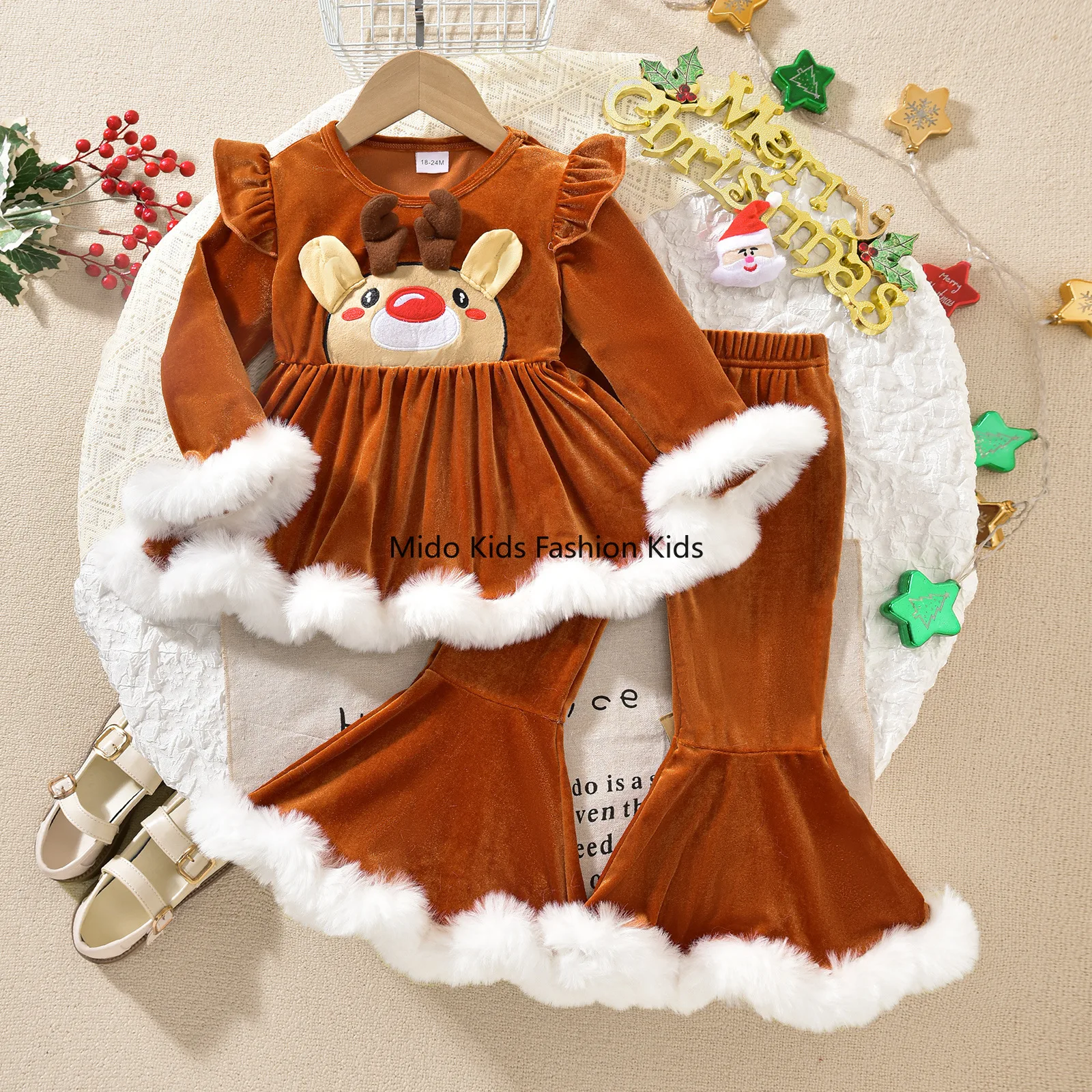 1-10Y Girls' Christmas Party Reindeer-Themed Long-Sleeved Top and Trousers Set 6M-4Y