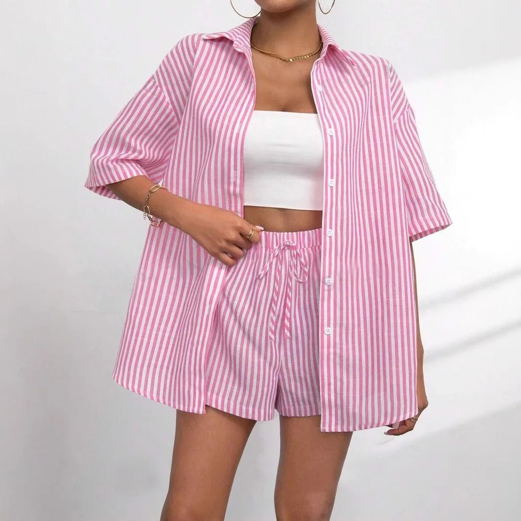Women Shorts Pant Set Two Piece Sets Turn Down Collar Casual Loose Shirt Striped Short Pants Elastic Waist Y2k Streetwear 2026 - view 5