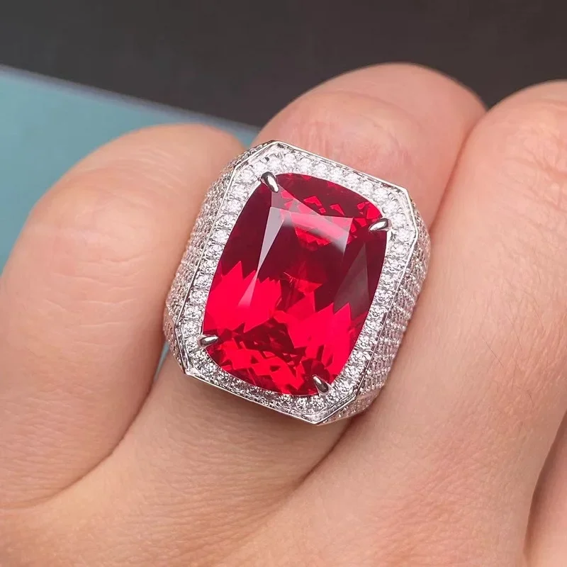 Ruif 925 Silver Gorgeous Charming Cushion 13x18mm 19ct Lab Grown Ruby Rings for Men  Vintage Lucky Unusual Jewelry