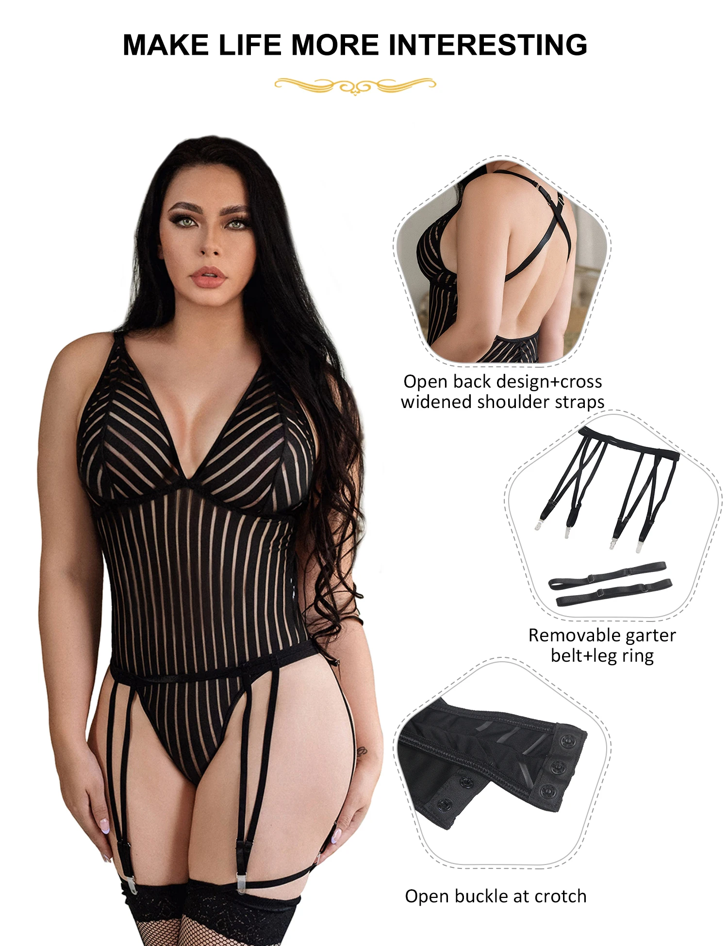 Ohyeahlady Women's Strips Pattern Black See Through V Neck Sleepwear Strappy Back Plus Size Bodysuits Lingerie with Garter Belts